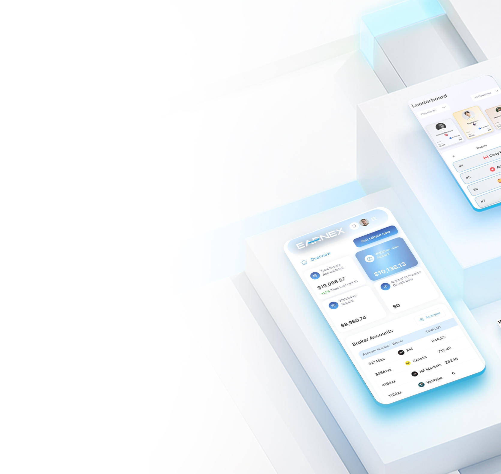 อินเทอร์เฟซแพลตฟอร์ม Earnex บนมือถือและเว็บแอปพลิเคชัน โชว์ภาพรวมการรับเงินรีเบตอัตโนมัติจากการเทรด ง่าย สะดวก ติดตามผลตอบแทนได้ทุกที่ทุกเวลา